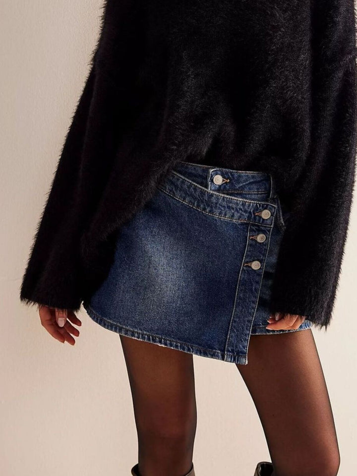 Asymmetrical button-front denim mini skirt