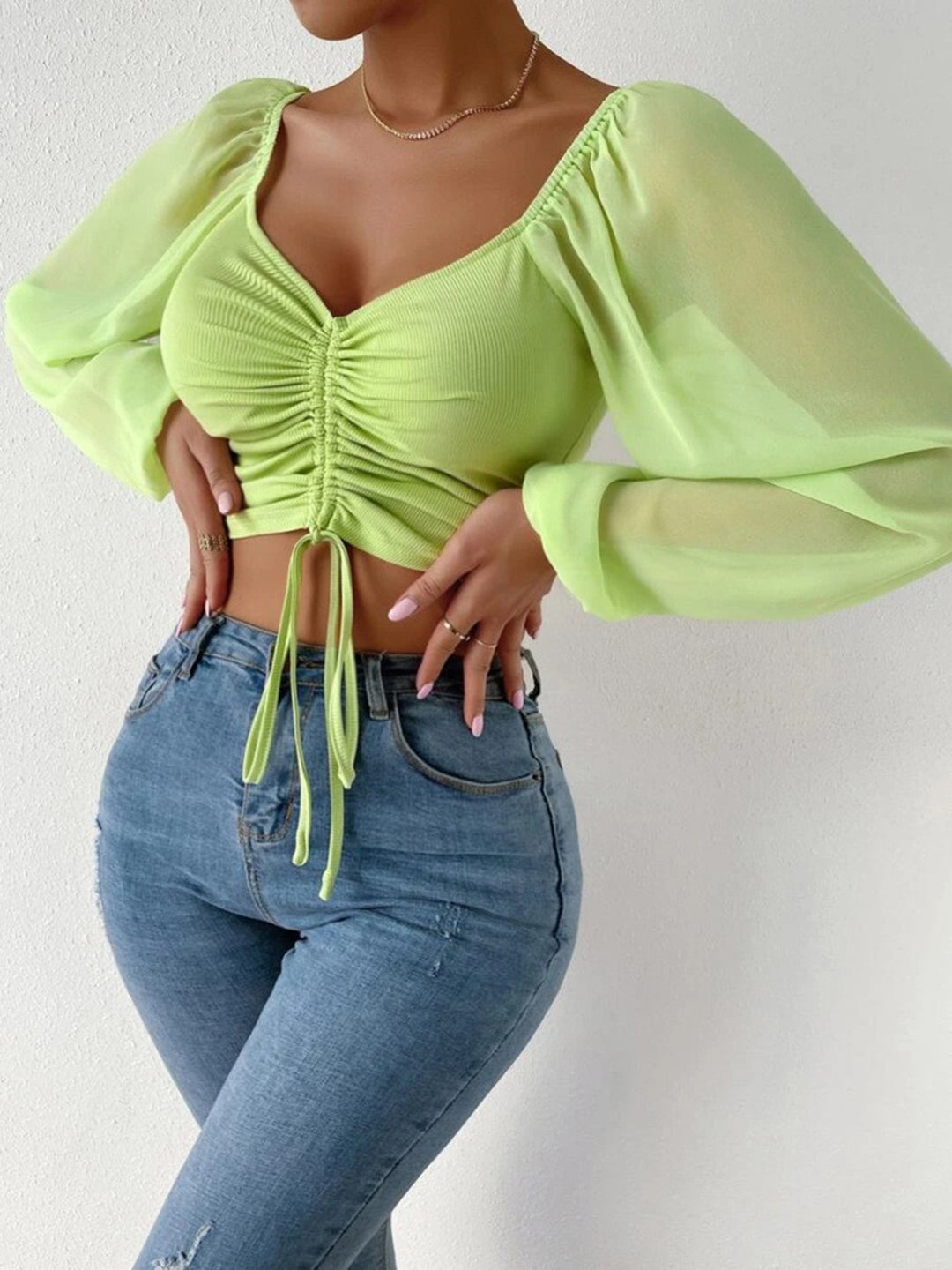 Lime Drawstring sweetheart neck crop top with sheer sleeves