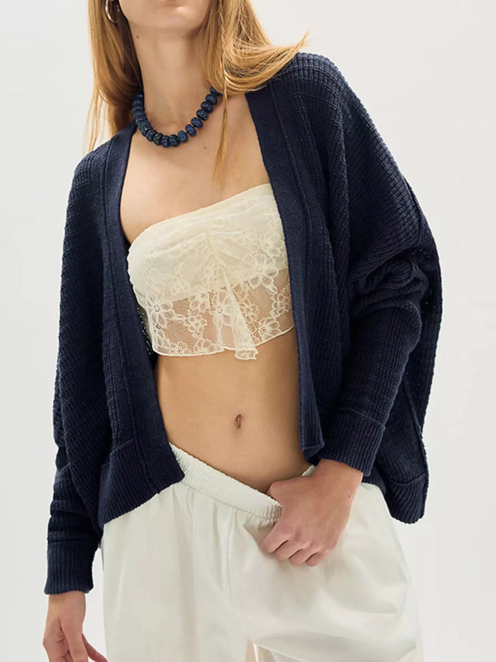 Navy Blue Open-front waffle knit cardigan with ribbed cuffs