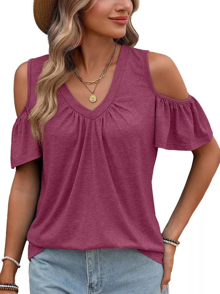 Burgundy Cold shoulder V-neck top with ruched chest and ruffle sleeves