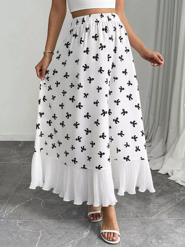 Bow-print flowy maxi skirt with pleated ruffle hem