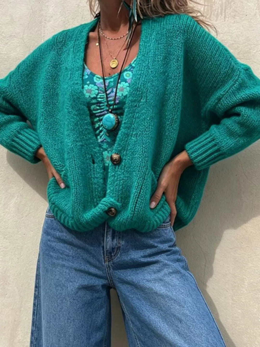 Peacock Blue Oversized chunky knit button-up cardigan with ribbed cuffs