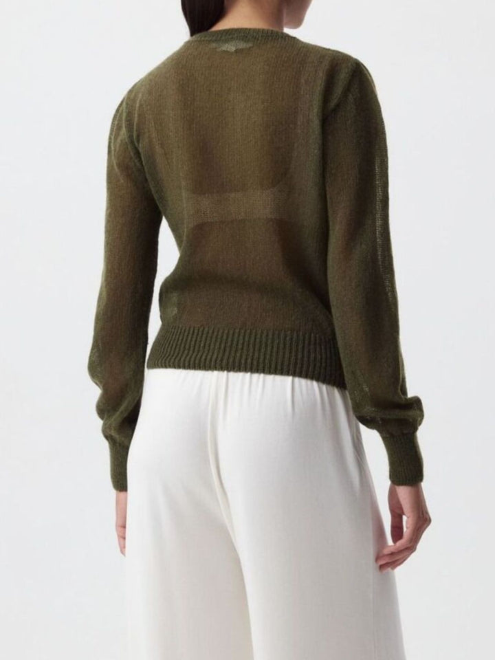 Sheer open-knit button-front cardigan with long sleeves