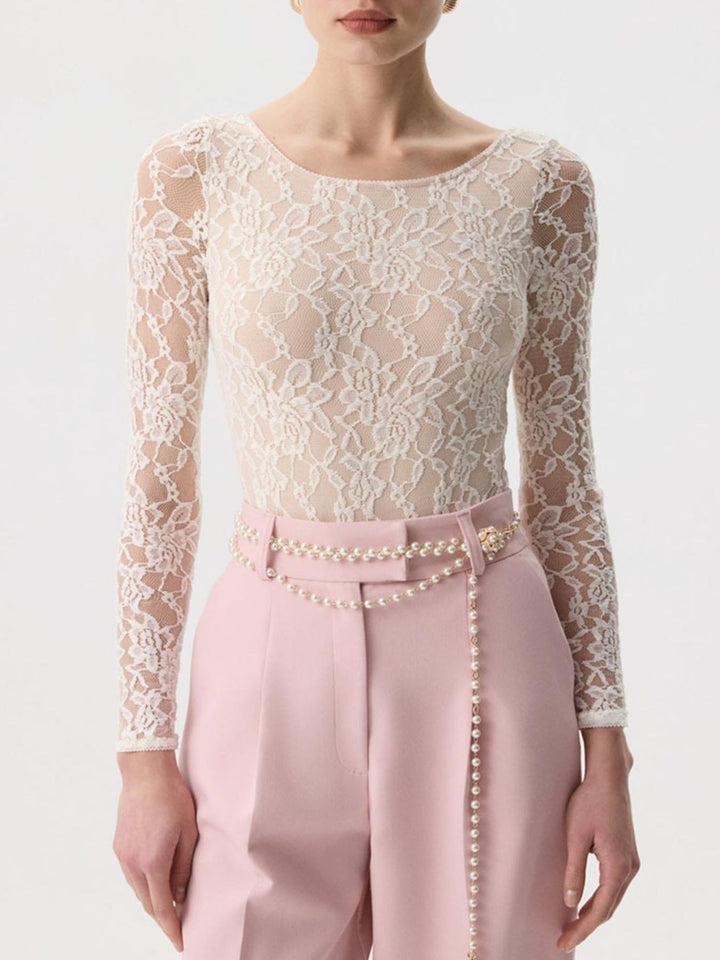 Beige Sheer floral lace round neck long sleeve top