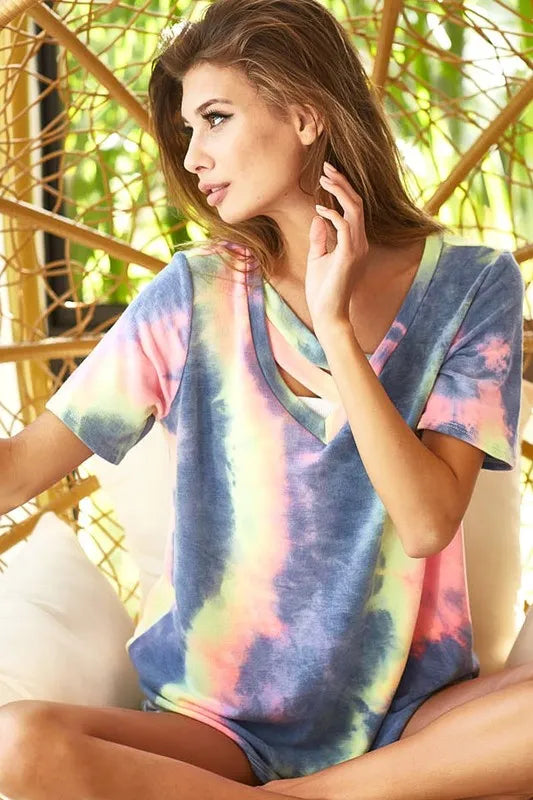 Tie-dye terry V-neck top with strap cutout detail