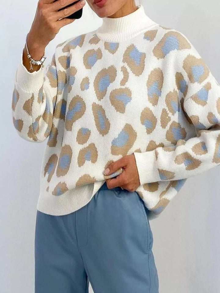 Leopard print long sleeve mock neck knit sweater