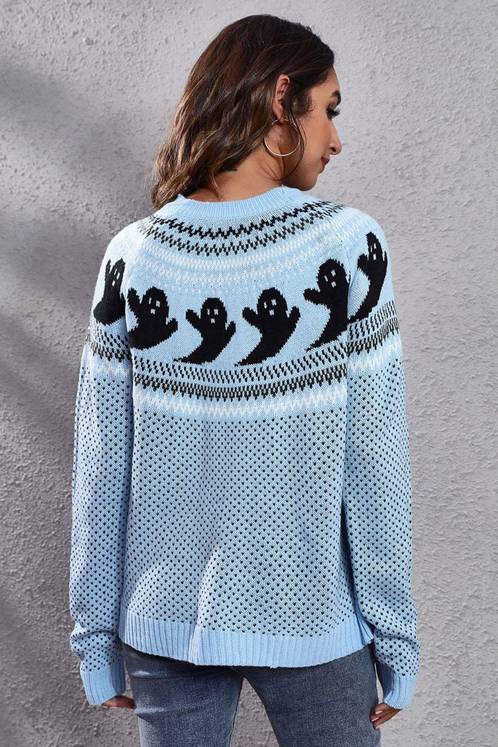Ghost print Fair Isle knit crew neck pullover sweater