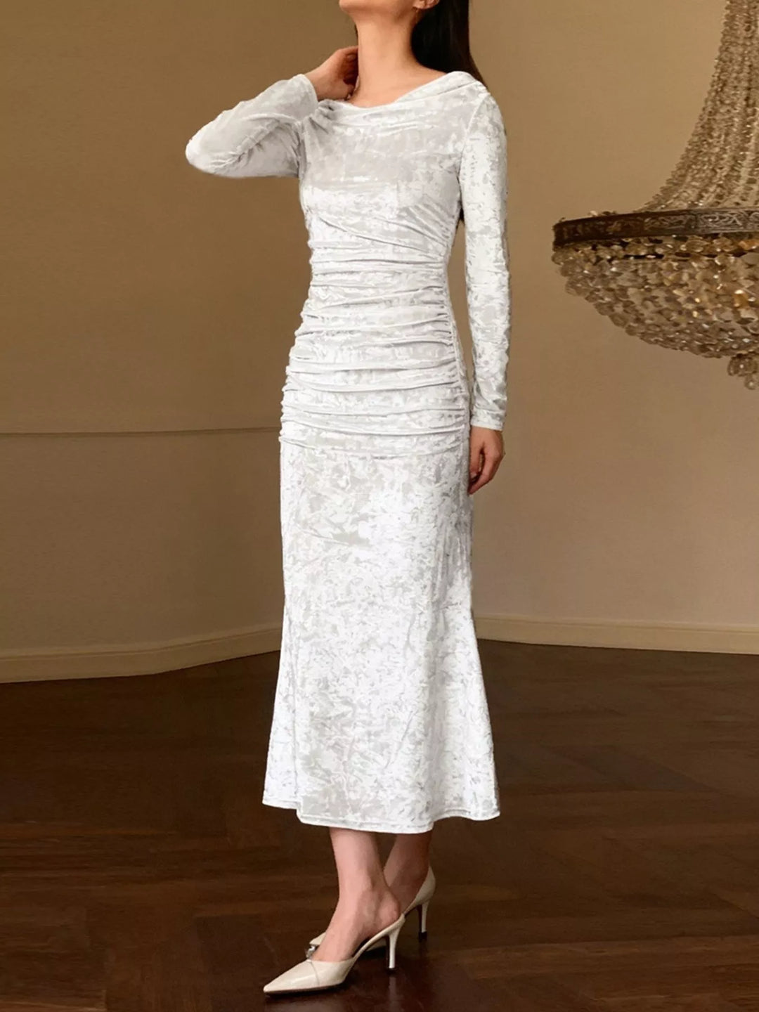 Ruched crushed velvet long sleeve midi dress