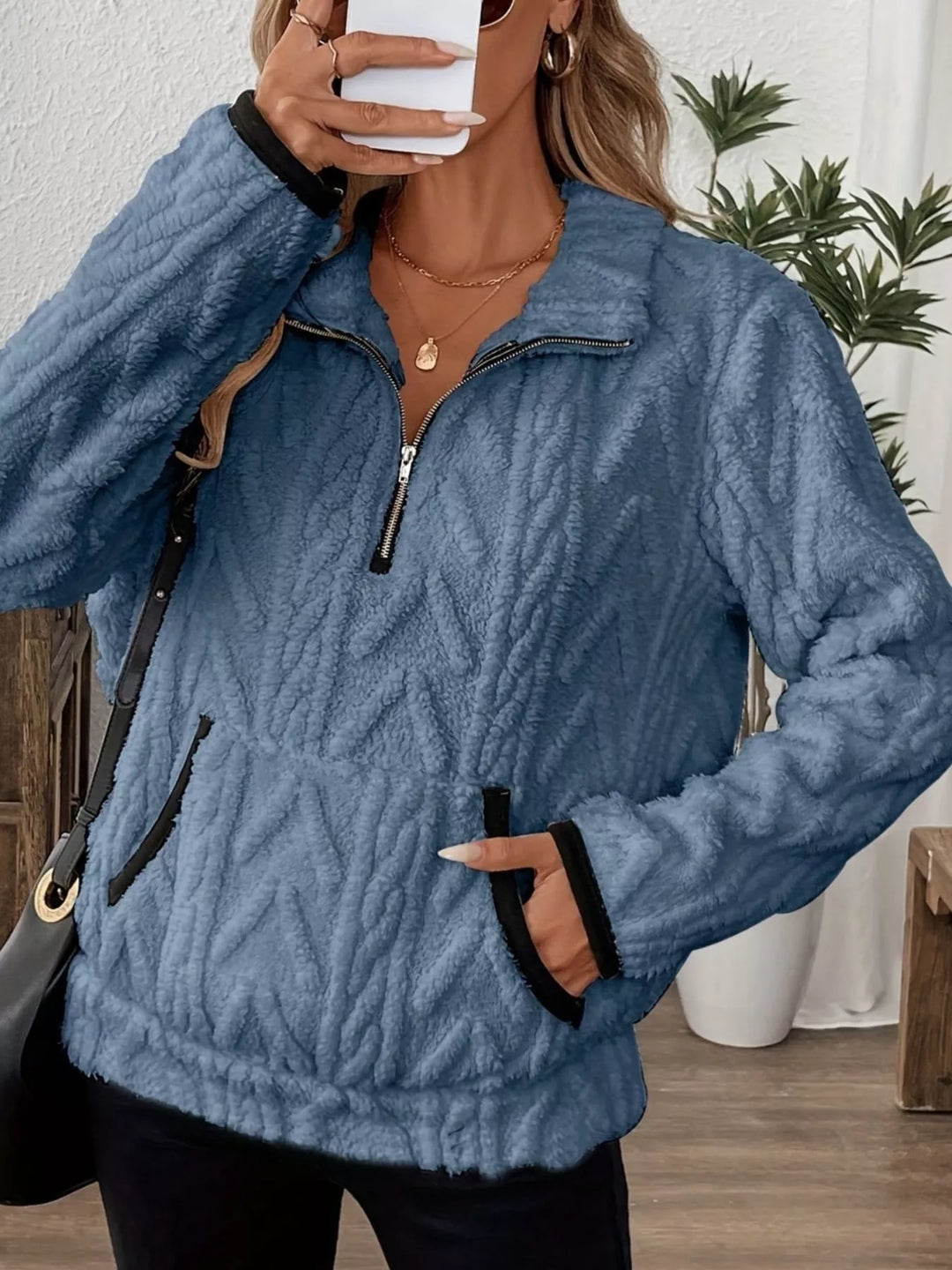 Textured fleece half-zip pullover with kangaroo pocket