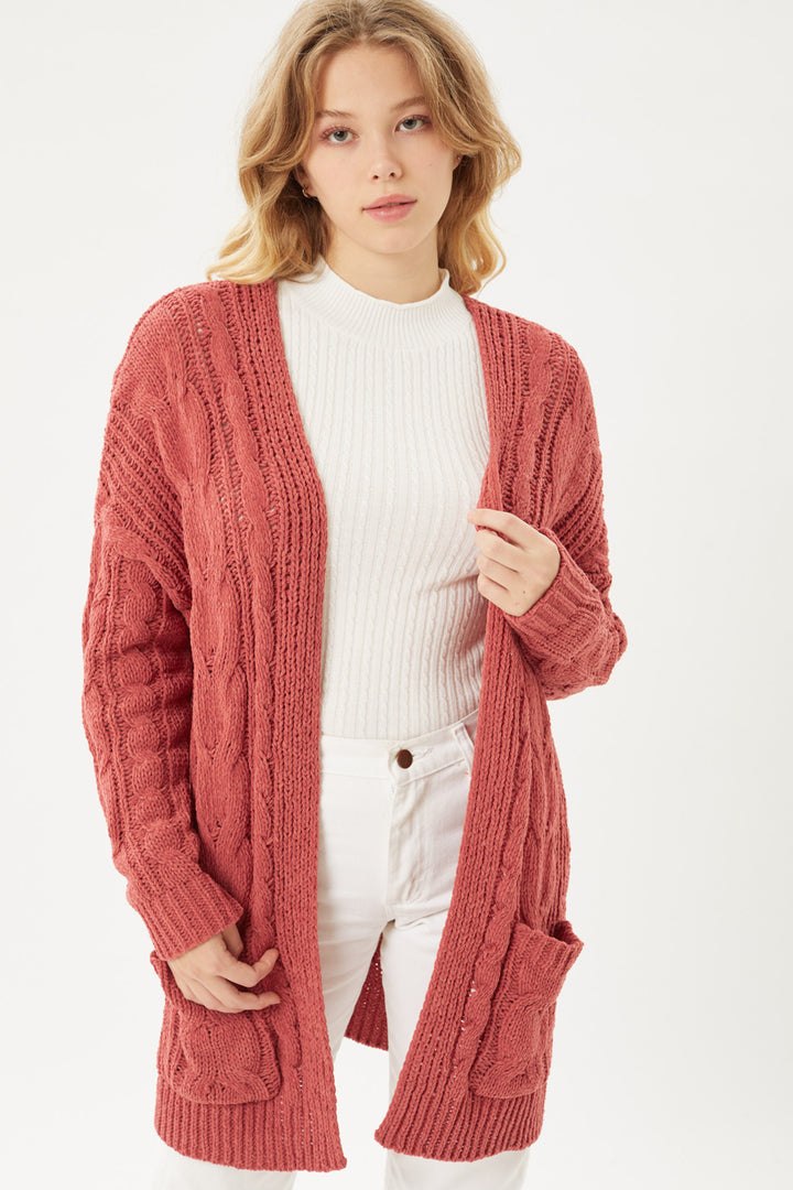 Chenille Cable Knit Oversized Open Front Cardigan - Azoroh