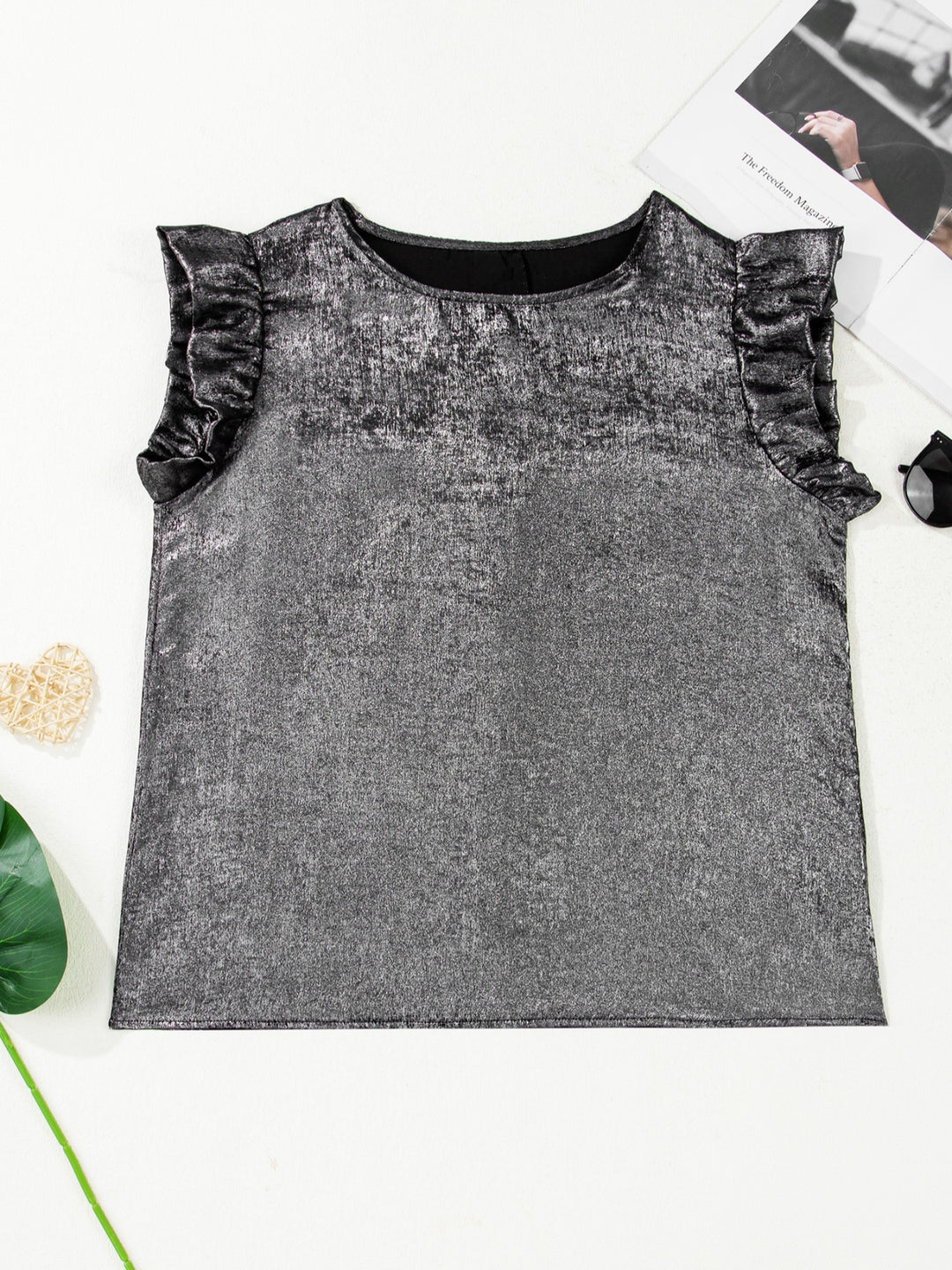 Metallic ruffle cap sleeve round neck top