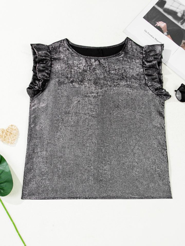Metallic ruffle cap sleeve round neck top