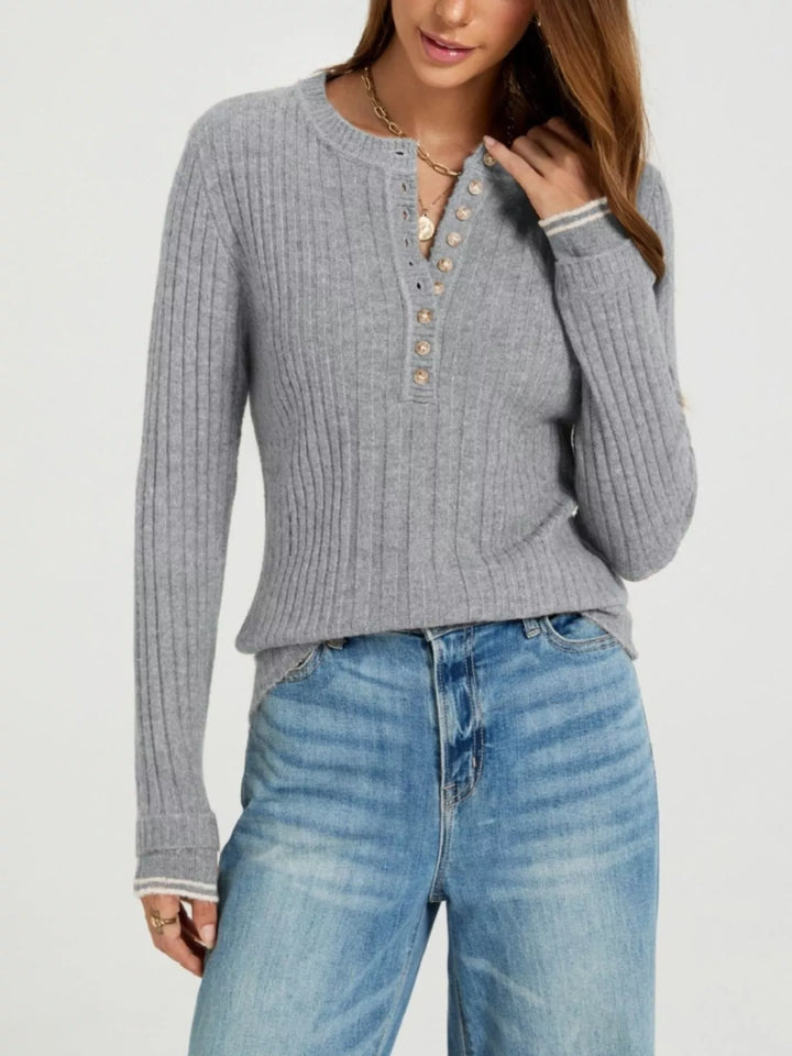 Gray Ribbed knit henley sweater with button placket