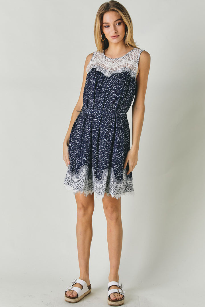 Printed Sleeveless Lace Trim Mini Dress - Azoroh