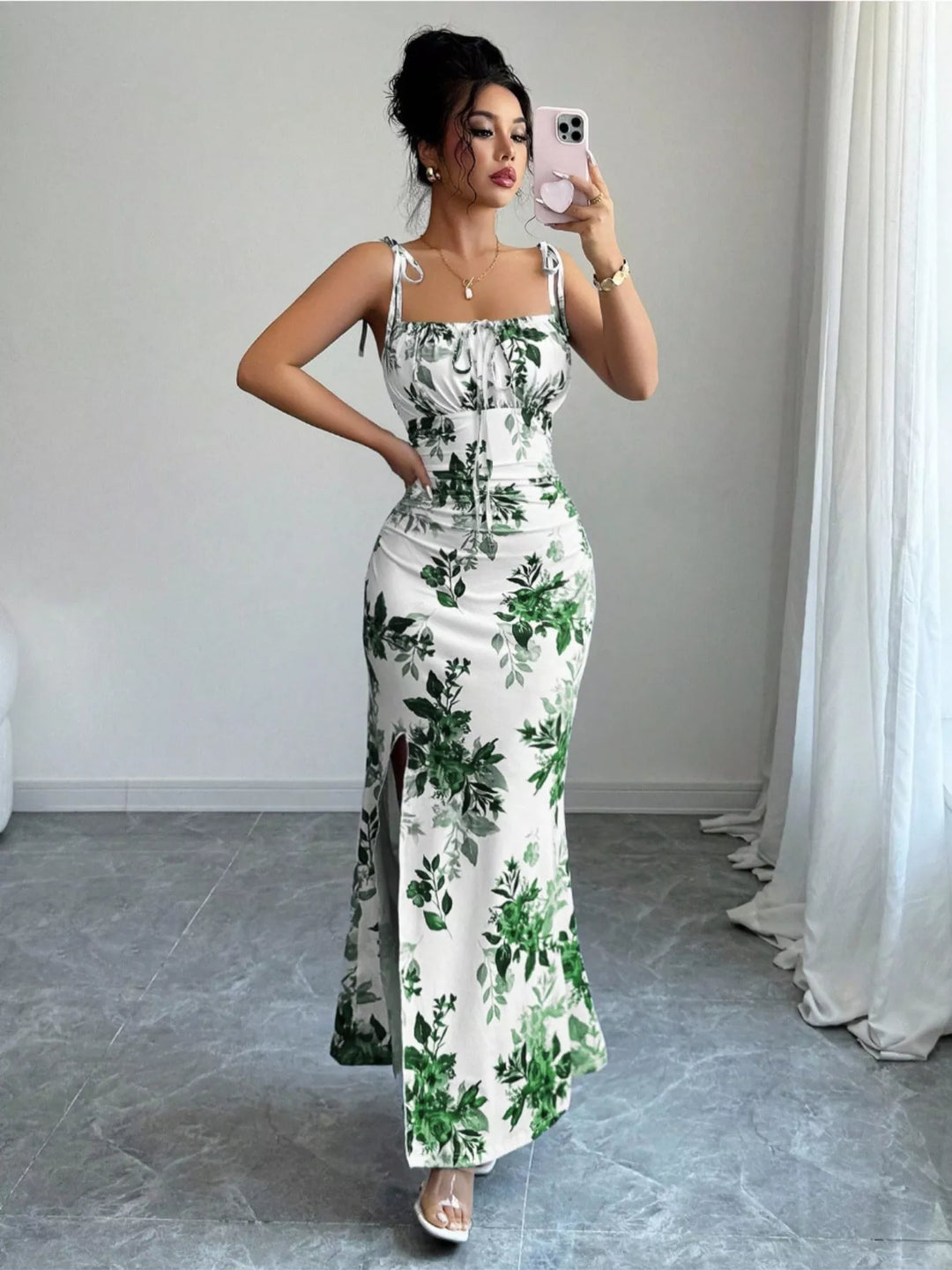 Floral print tie-strap maxi dress with side slit