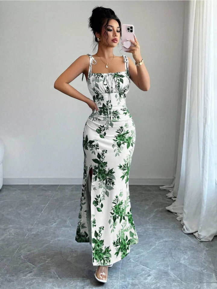 Floral print tie-strap maxi dress with side slit