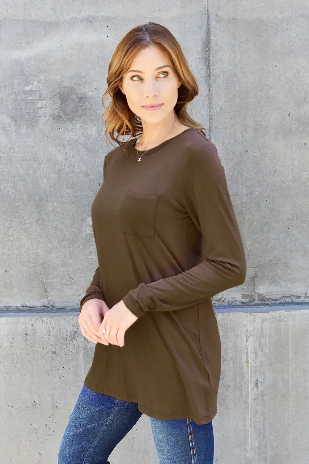 Long sleeve round neck tunic top with chest pocket
