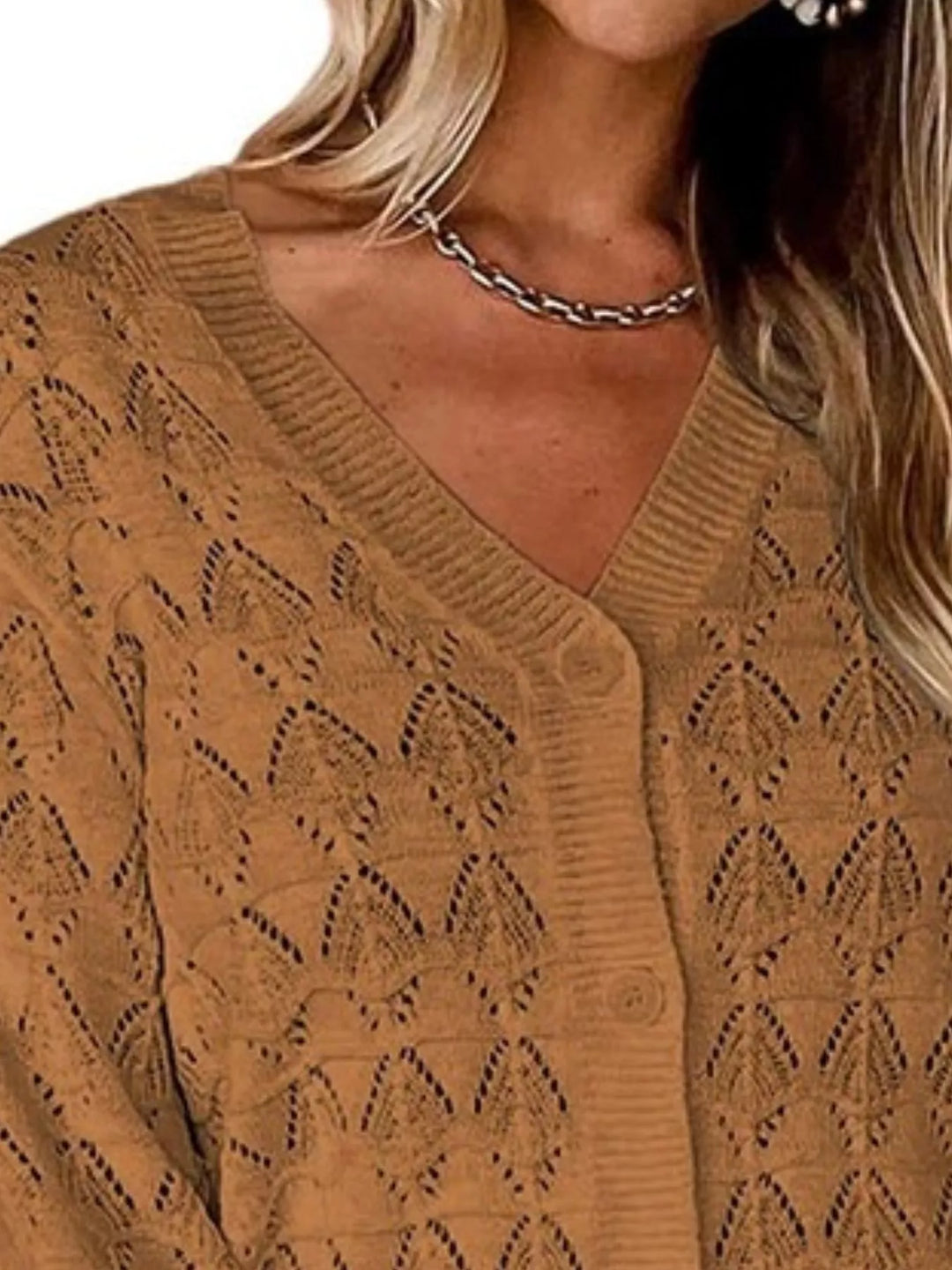 Pointelle openwork V-neck button-down knit cardigan