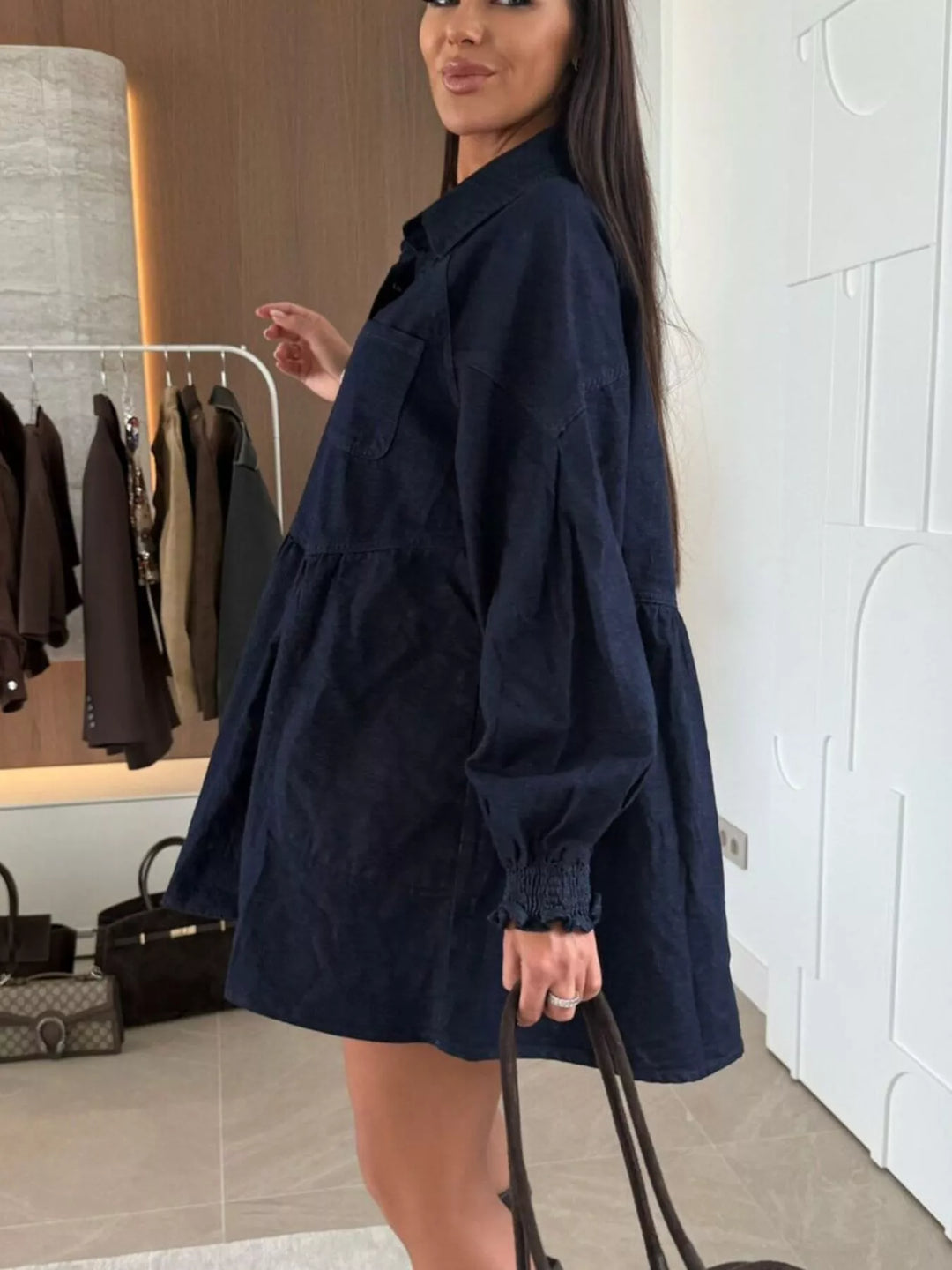 Button-down denim shirt dress with puff sleeves and pockets