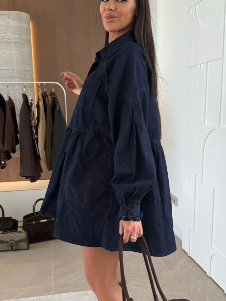 Button-down denim shirt dress with puff sleeves and pockets