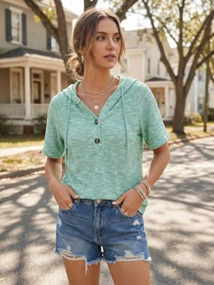 Waffle knit hoodie top with button placket and drawstring