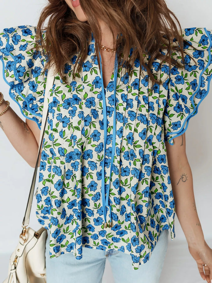 Floral ruffle flutter sleeve tie-neck blouse