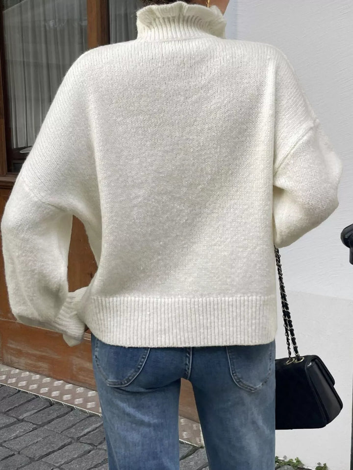 Frill collar button-down knit cardigan with ribbed cuffs