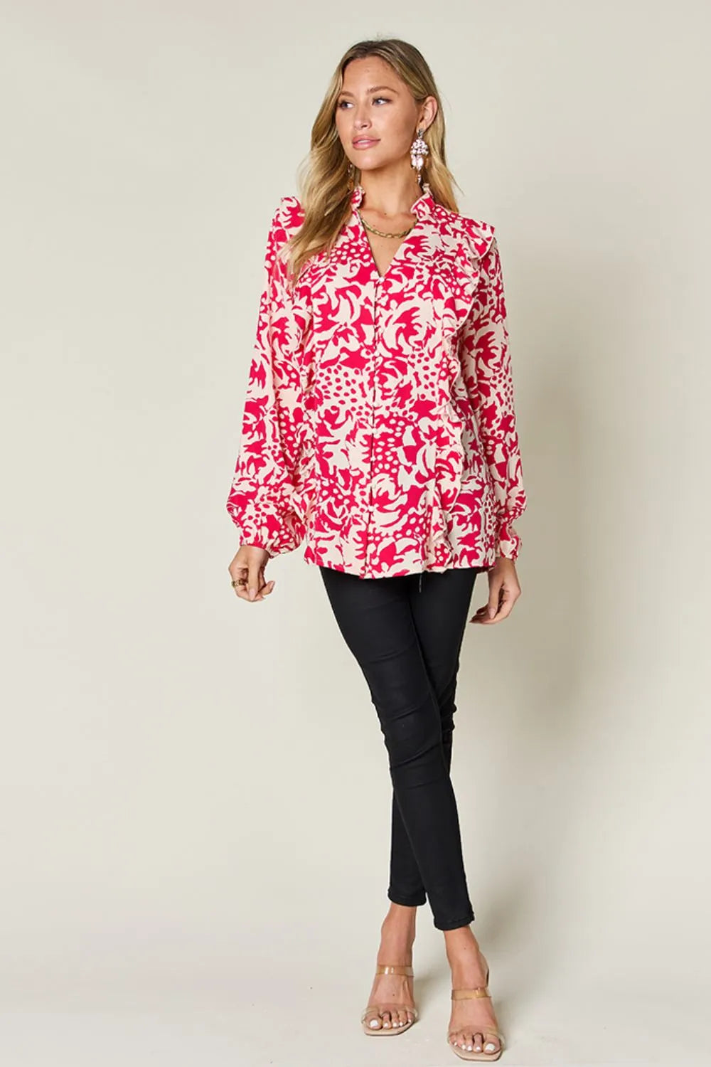 Printed balloon sleeve button-down shirt with ruffle trim