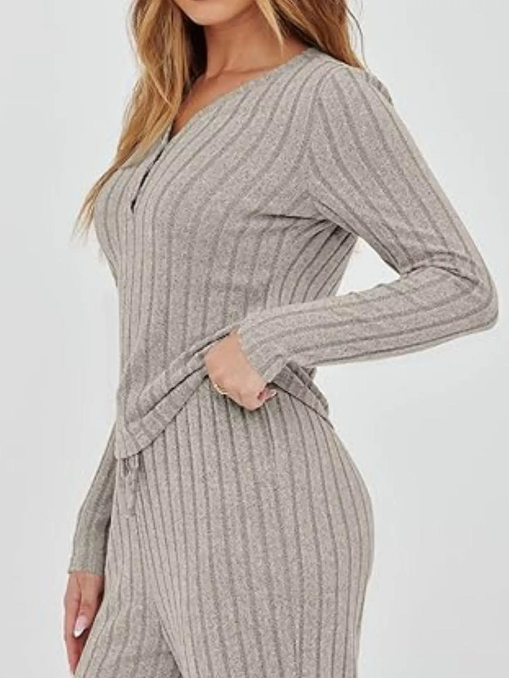 Ribbed knit henley top and wide leg pants lounge set