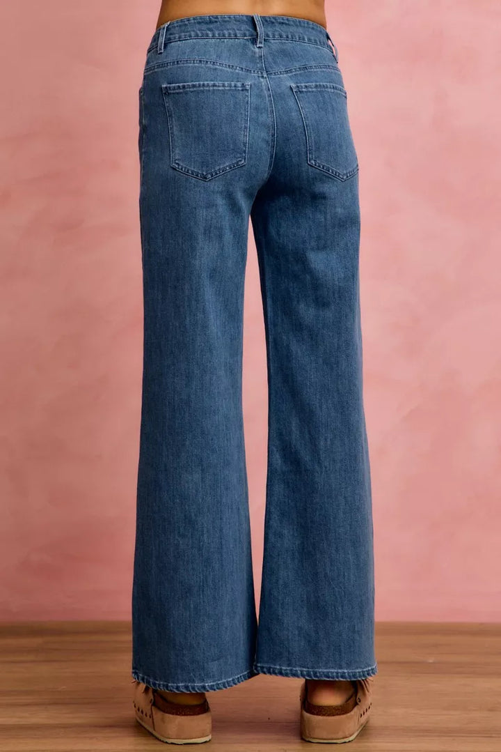 Mid-rise wide-leg jeans with front center seam