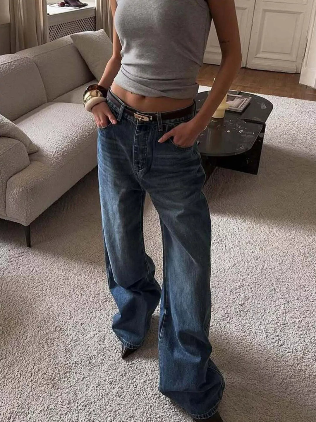 Wide leg high rise jeans with floor-skimming hem