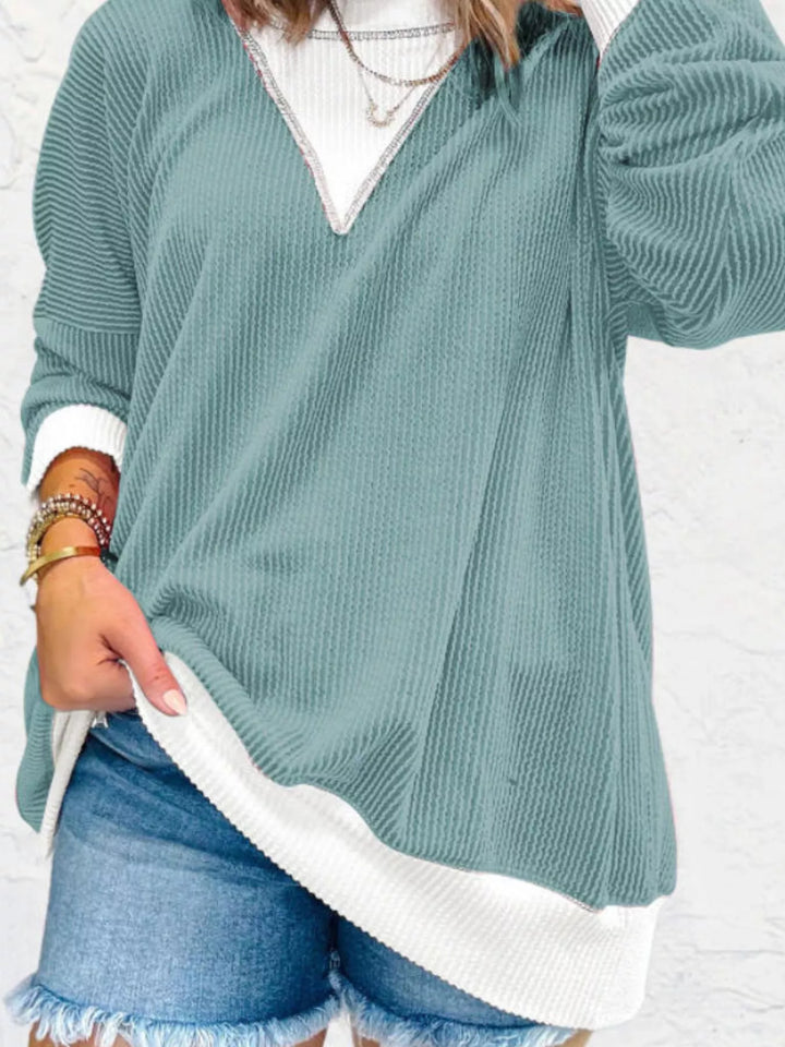 Contrast-trim ribbed dropped-shoulder sweatshirt