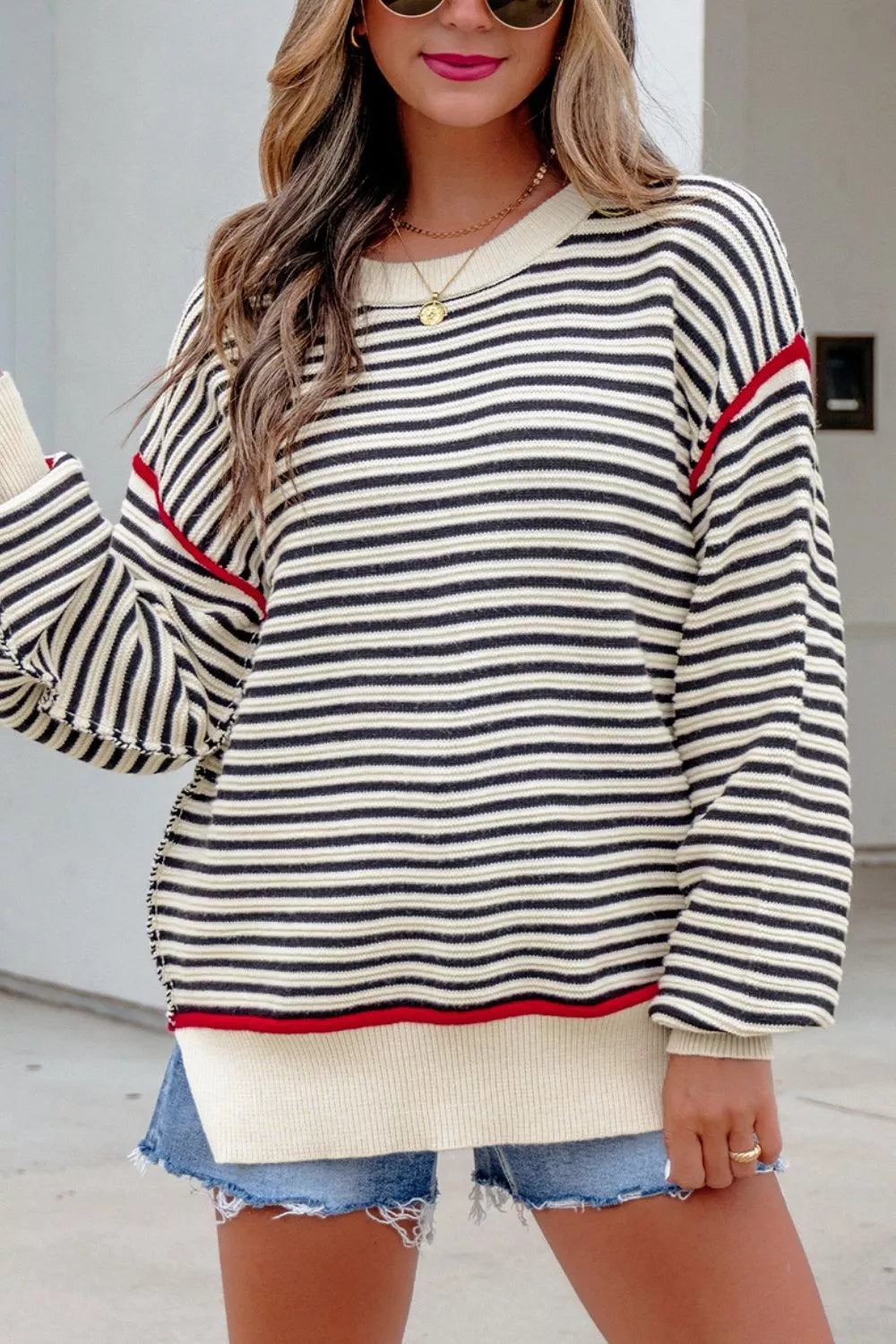 Striped drop shoulder oversized crew neck sweater