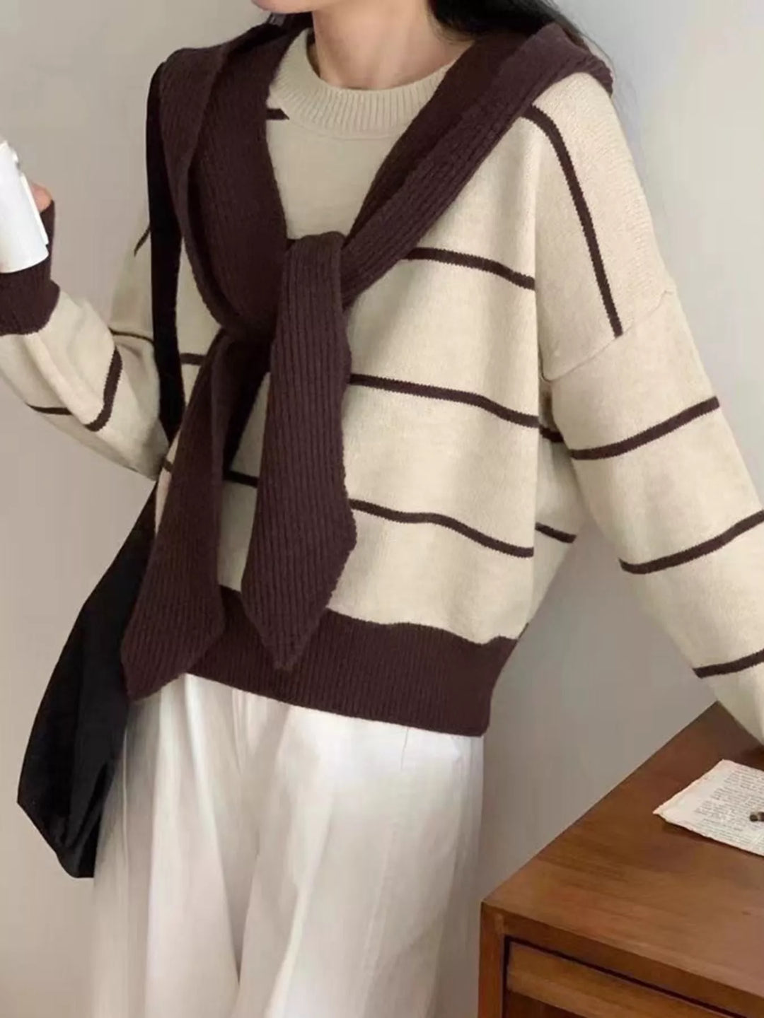 Dark Brown Striped tie-front round neck sweater with long sleeves
