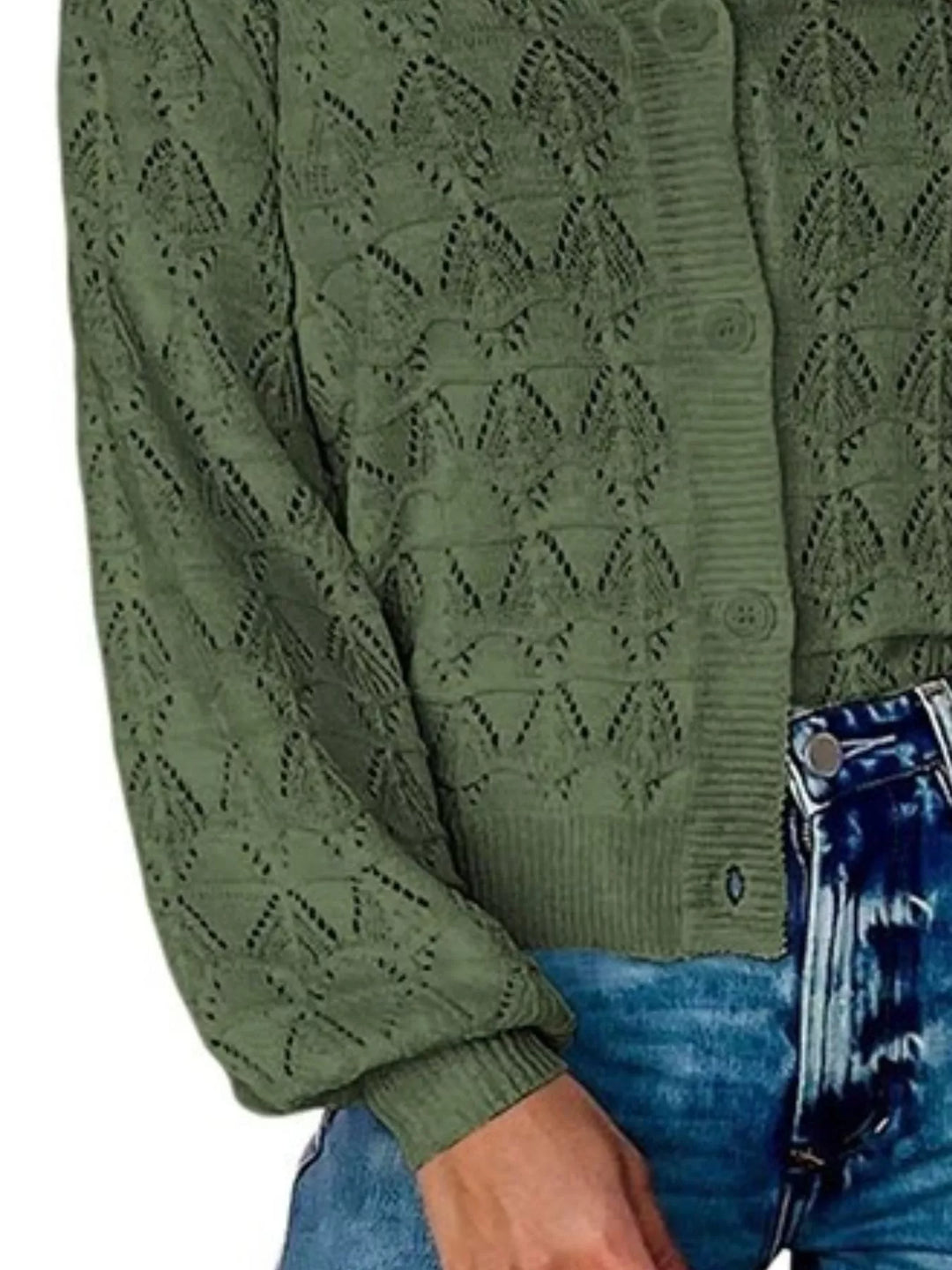 Pointelle openwork V-neck button-down knit cardigan