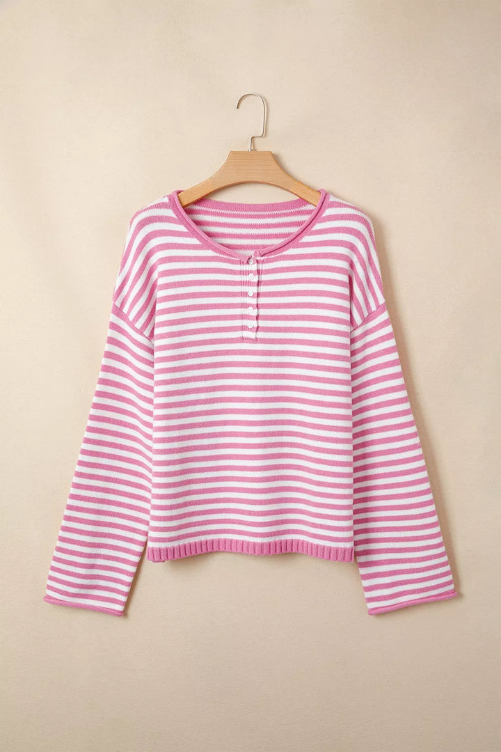 Striped drop shoulder henley sweater with button placket