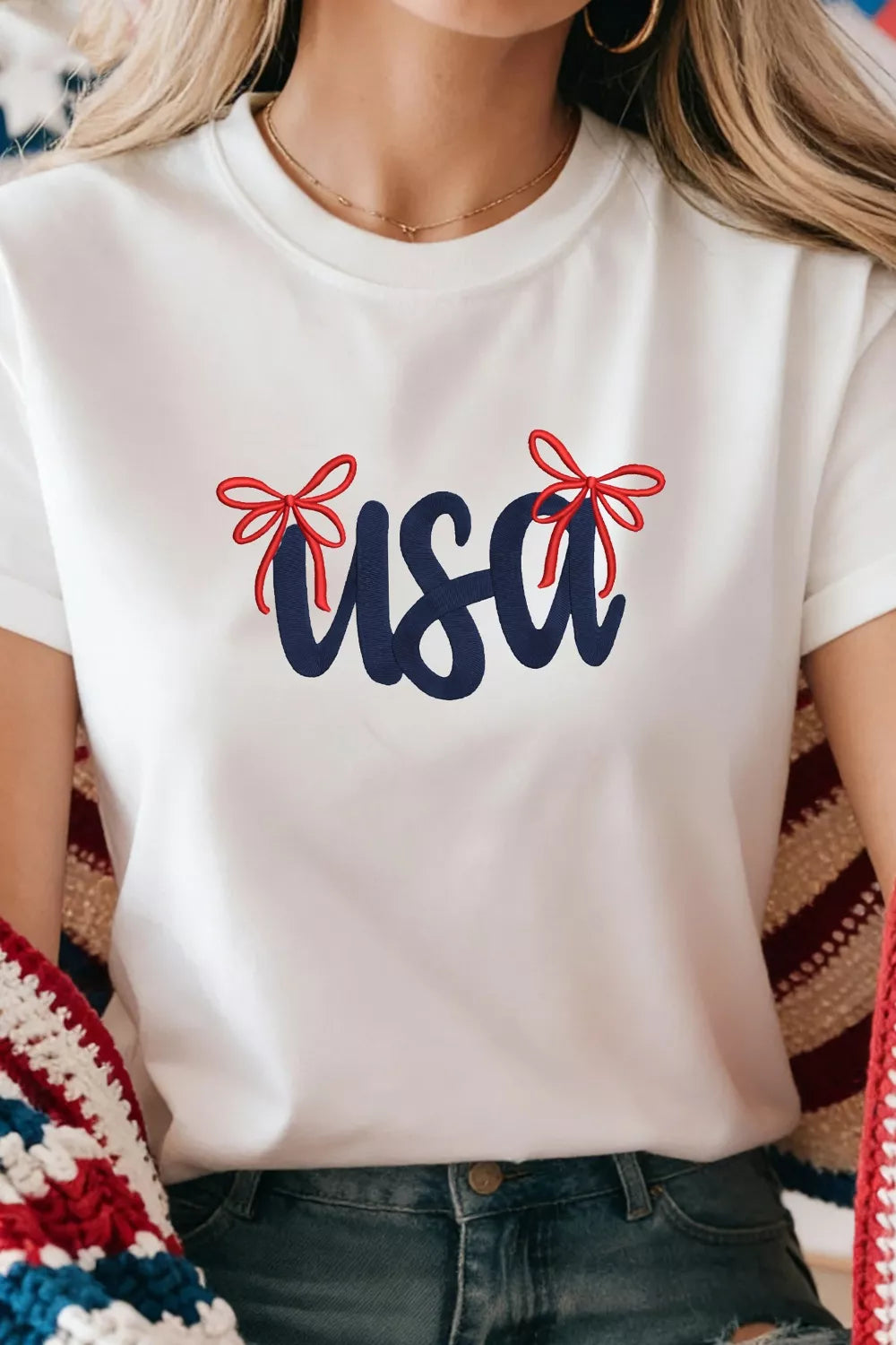White Embroidered USA script tee with red bow detail