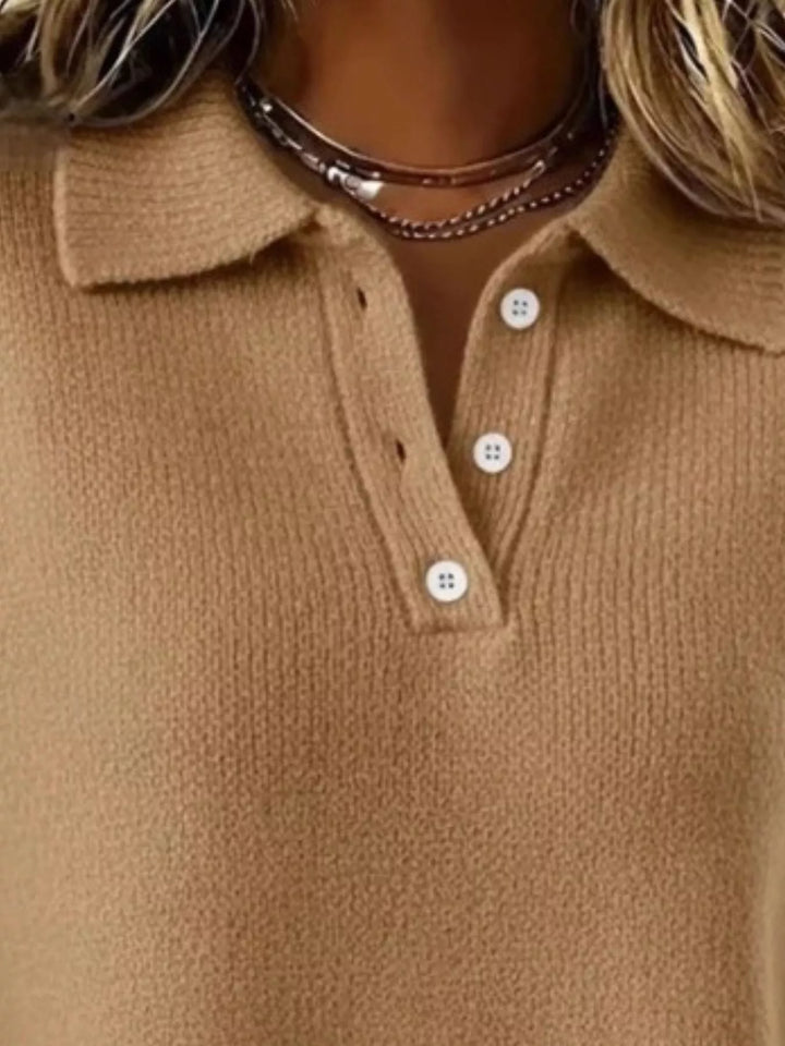 Dropped shoulder polo collar button knit sweater