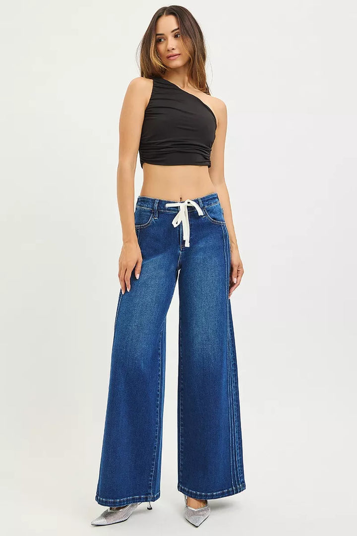 Mid-rise wide-leg pintuck jeans with drawstring