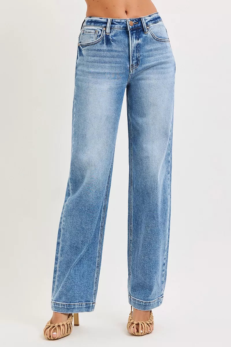 High-rise wide-leg baggy jeans with faded whiskers