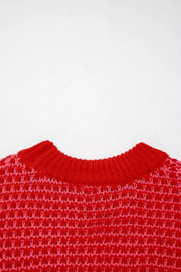 Striped open-knit crew neck sweater with half sleeves