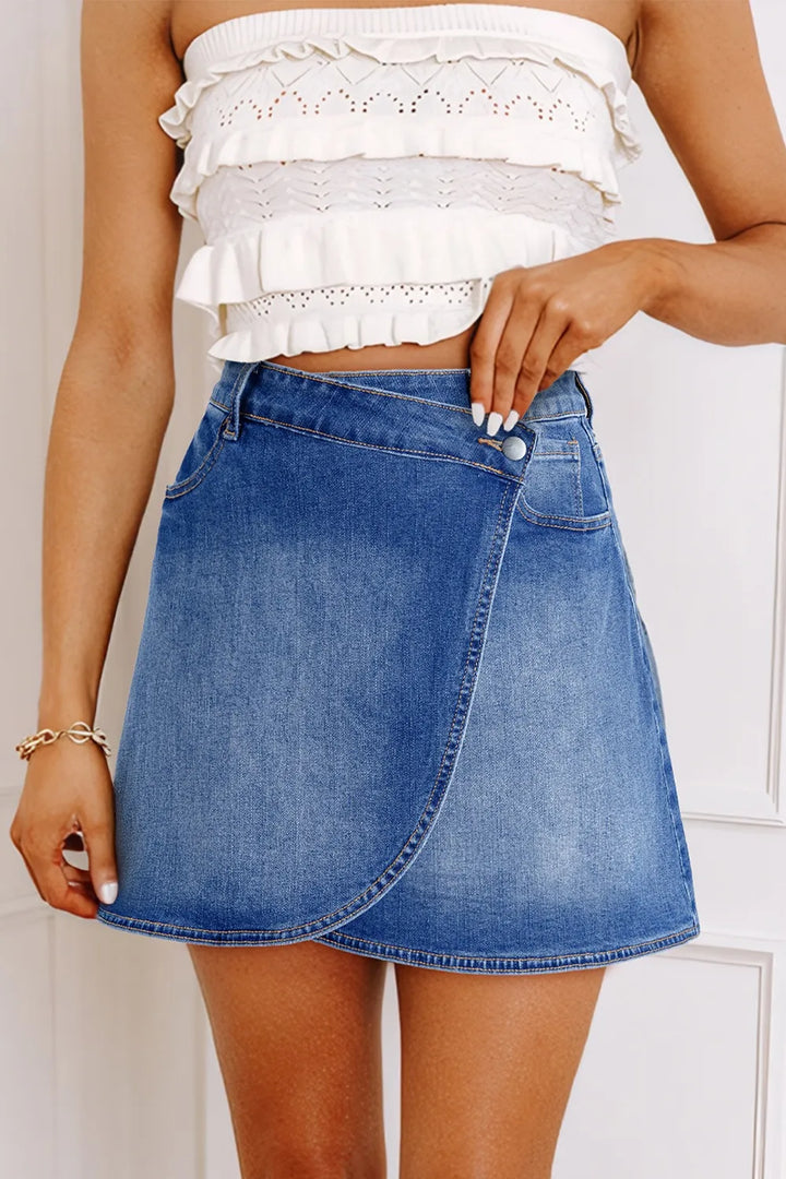 Medium Wrap-front denim mini skirt with angled hem seam