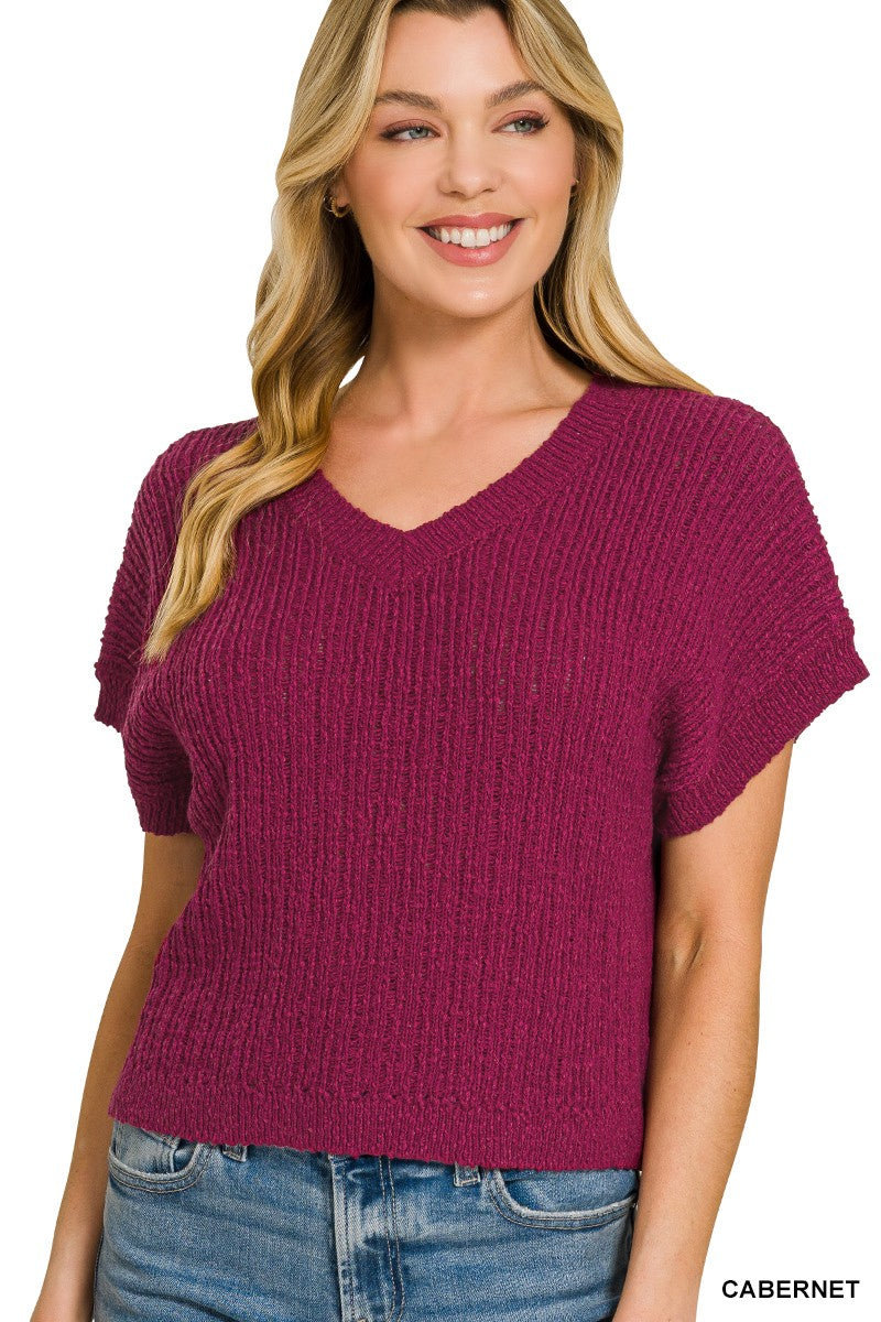 Textured knit cropped V-neck sweater with short sleeves