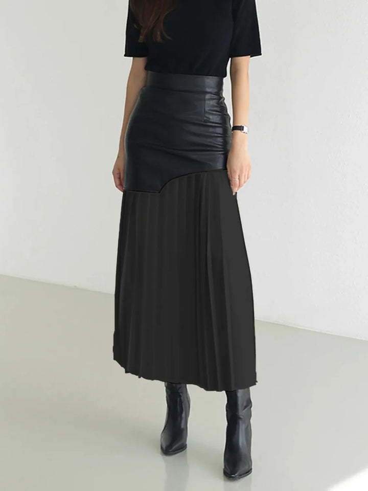 Faux leather panel pleated midi skirt
