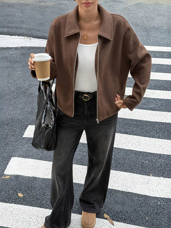 Zip-up dropped shoulder jacket with collar
