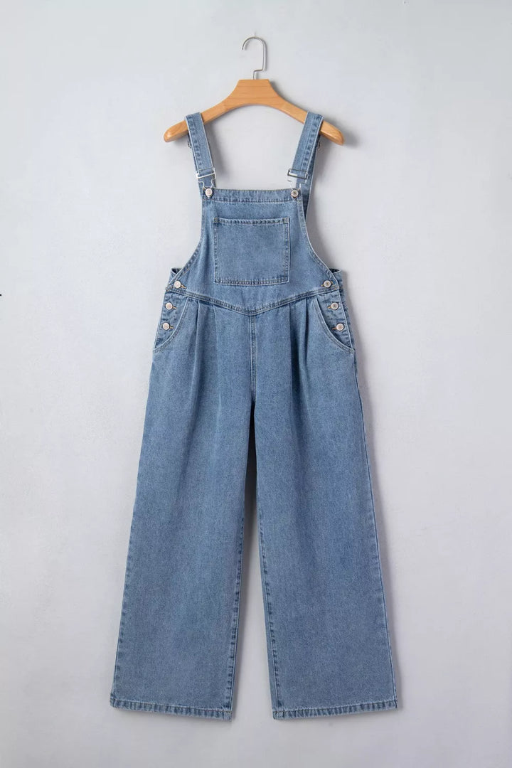 Pleated wide-leg denim overall jumpsuit with bib pocket