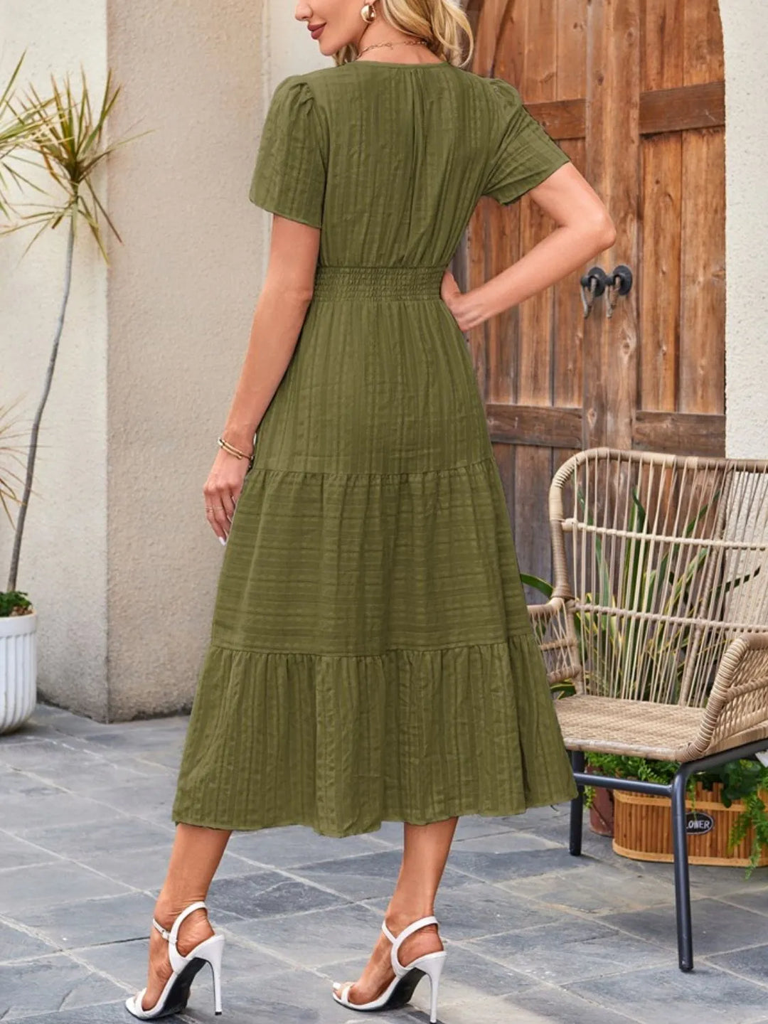 Tiered notched neck short sleeve midi dress with pockets