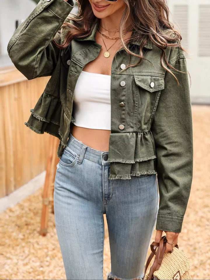 Tiered ruffle raw-hem cropped denim jacket