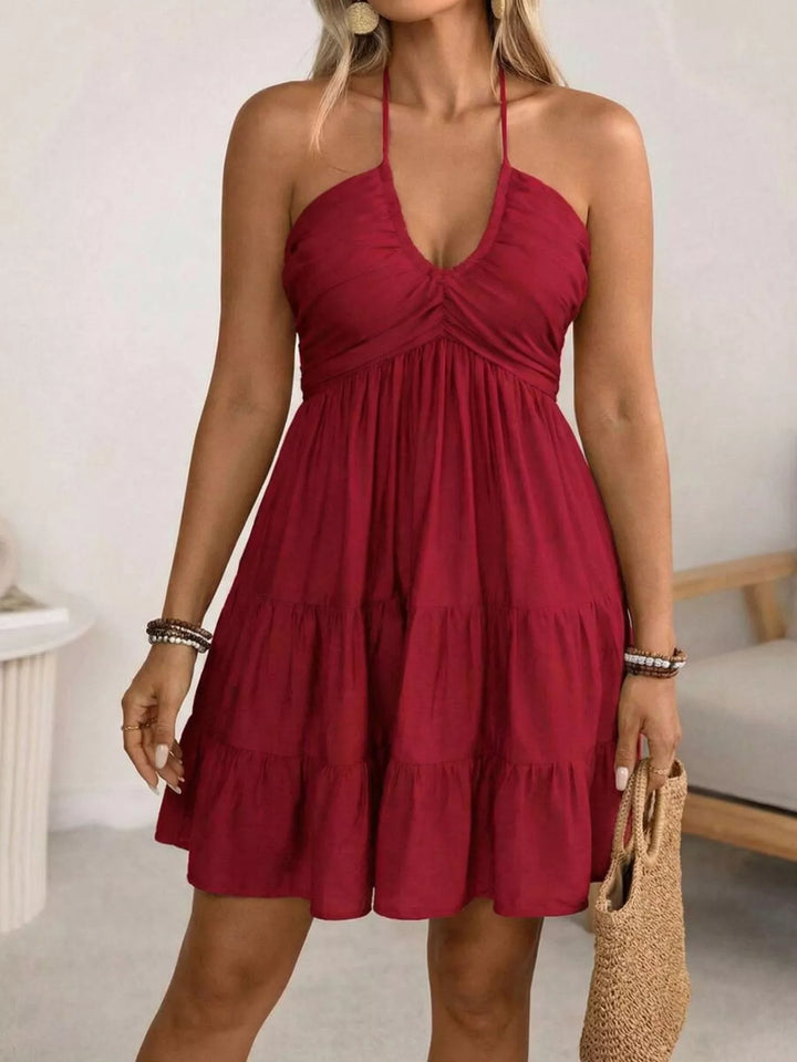 Plus size halter neck tiered ruffle mini dress