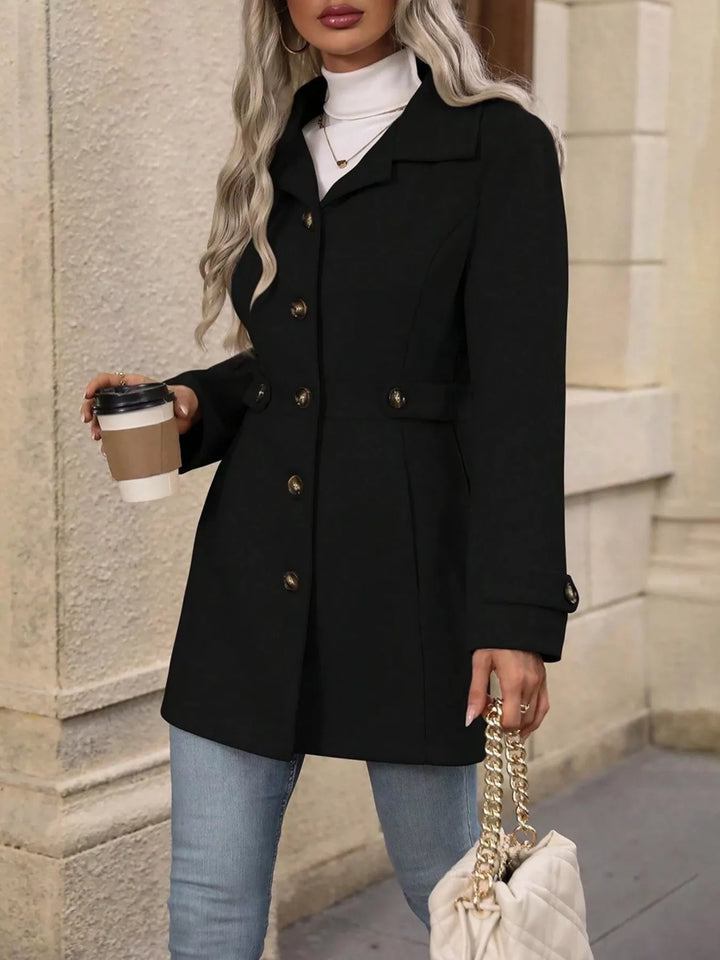 Single-breasted lapel coat with waist tabs and pockets